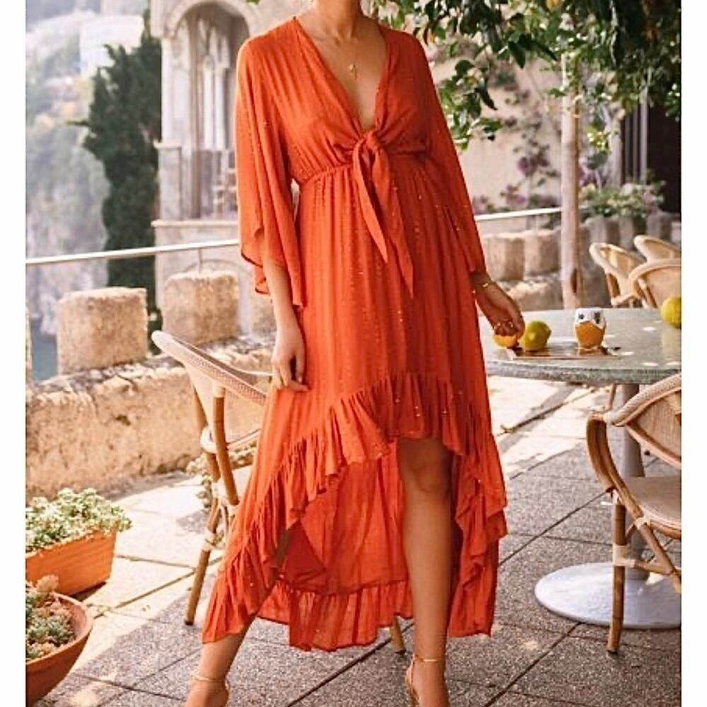 Sundress, “Juliana” Burnt Orange & Gold White Lotus Goddess Dress Size M/L NWT